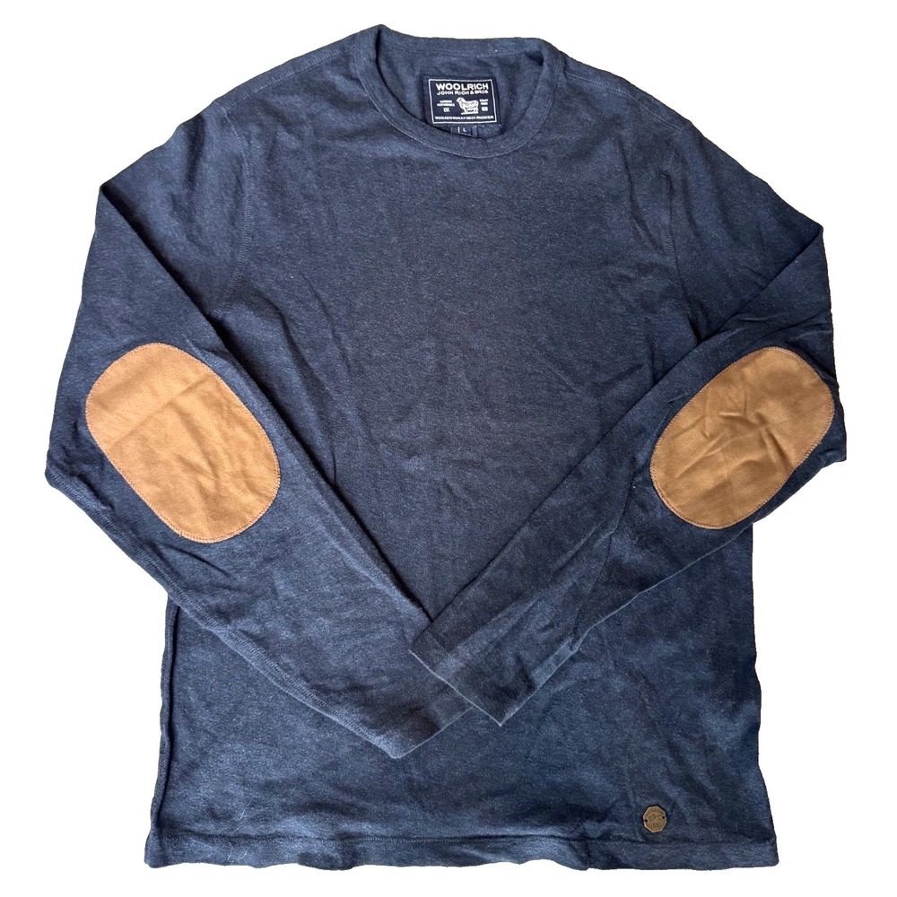 Woolrich Men's Navy Long Sleeve Wool Cotten Blend Elbow Patch Shirt Size Large